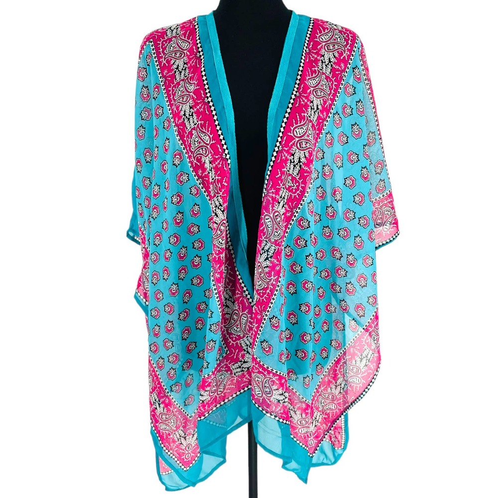 India Boutique Teal Pink Handkerchief Print Chiffon Kimono Free Size Cover-Up